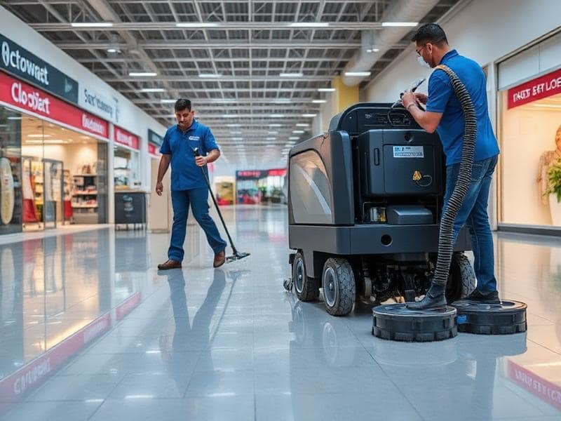 Auto-scrubbing equipment cleaning commercial floors for recoating