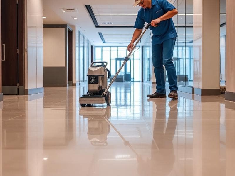 Commercial floor waxing and finishing service creating glossy shine
